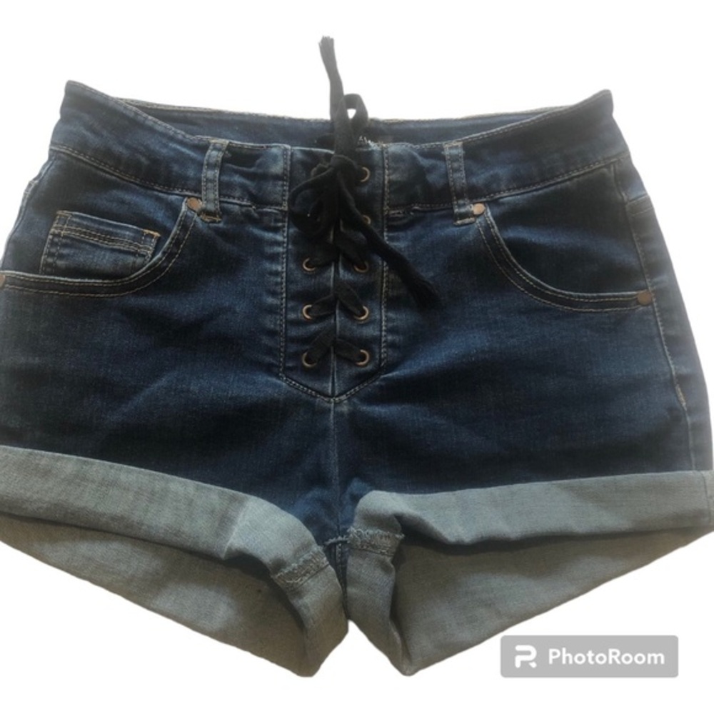 Black Label C’est Toi Lace-Up Roll-Up Denim Jean Shorts • Y2K Style • Size S